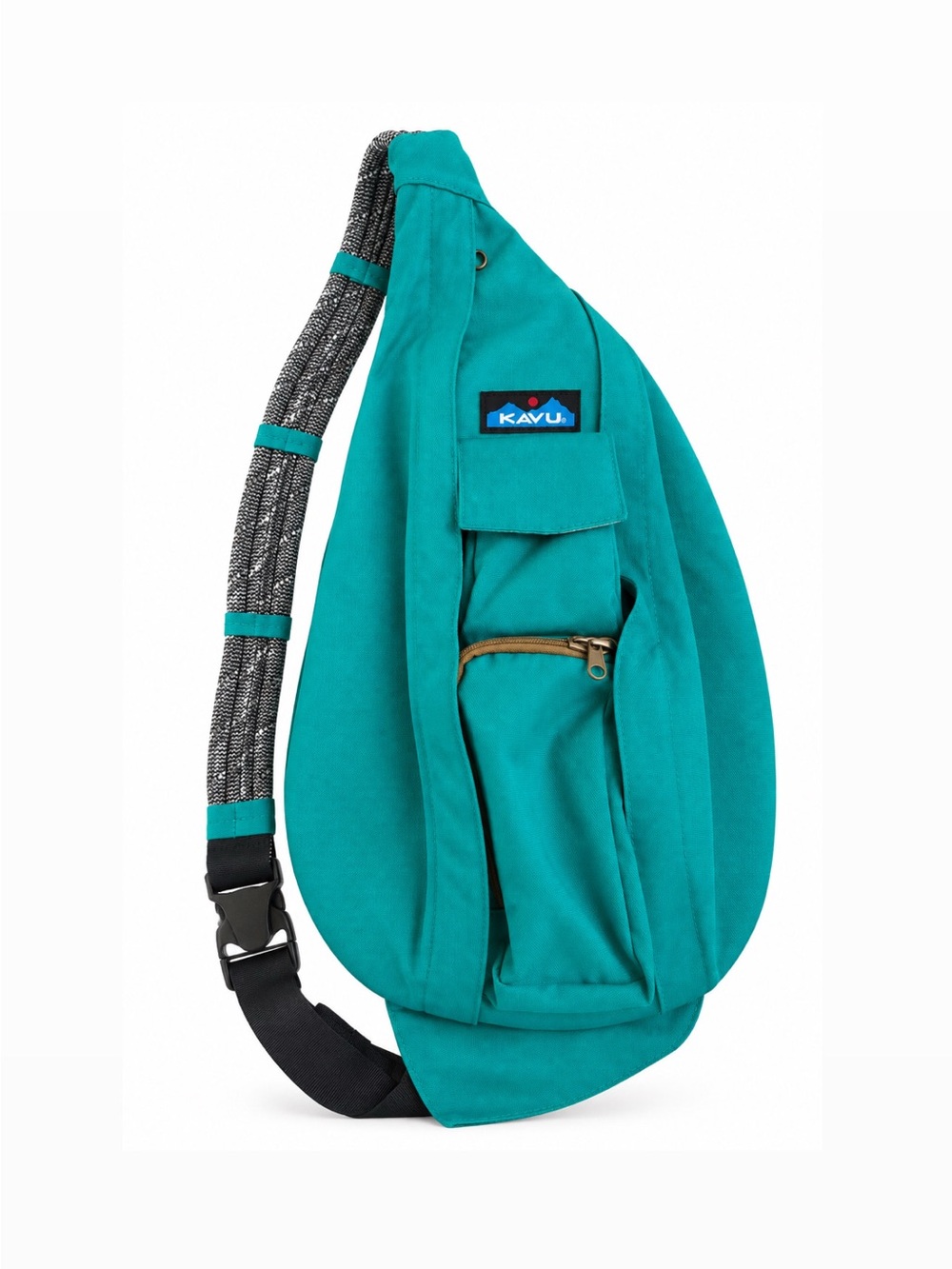 Kavu rope sling bag teal with grey rope and brown zippers